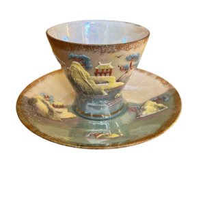 Hand-Painted Japanese Porcelain Teacup & Saucer – Landscape Scene
